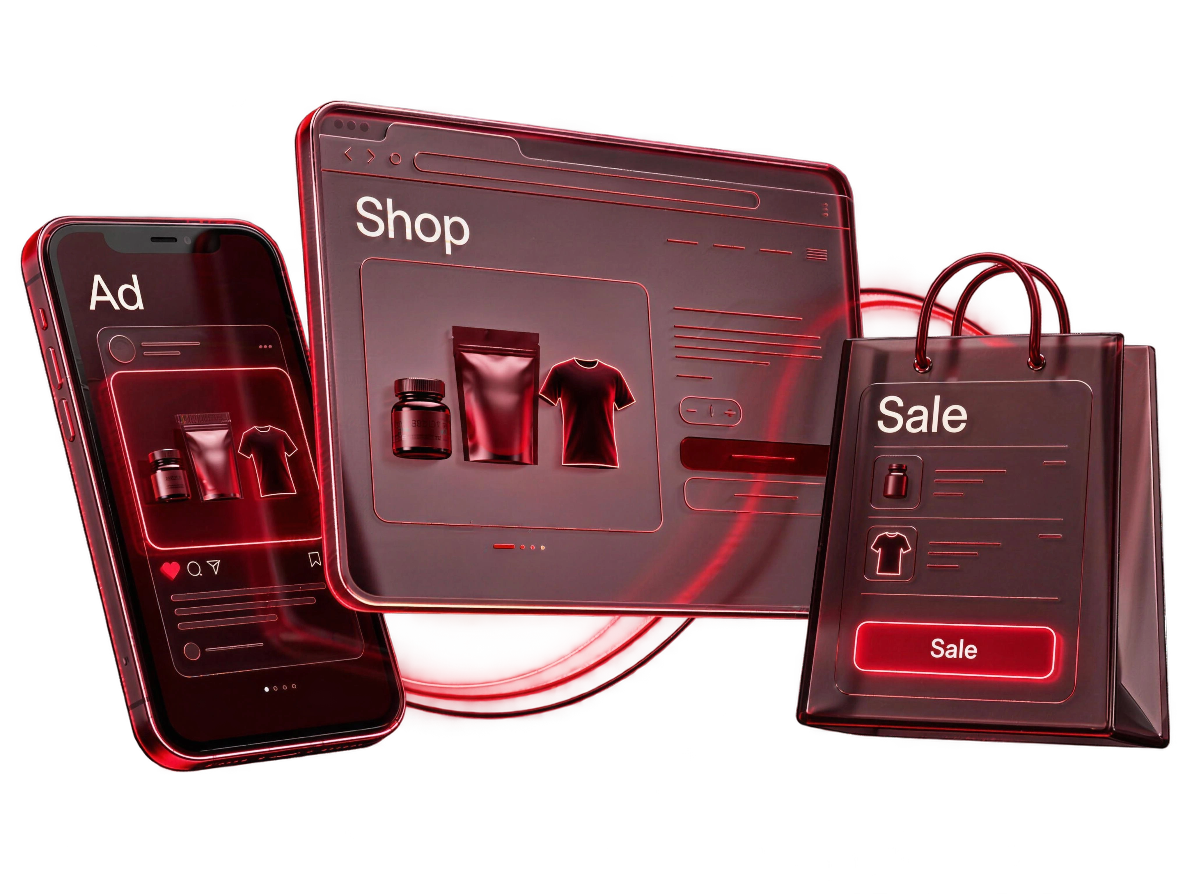 A product ad leads to the shop and then a sale.