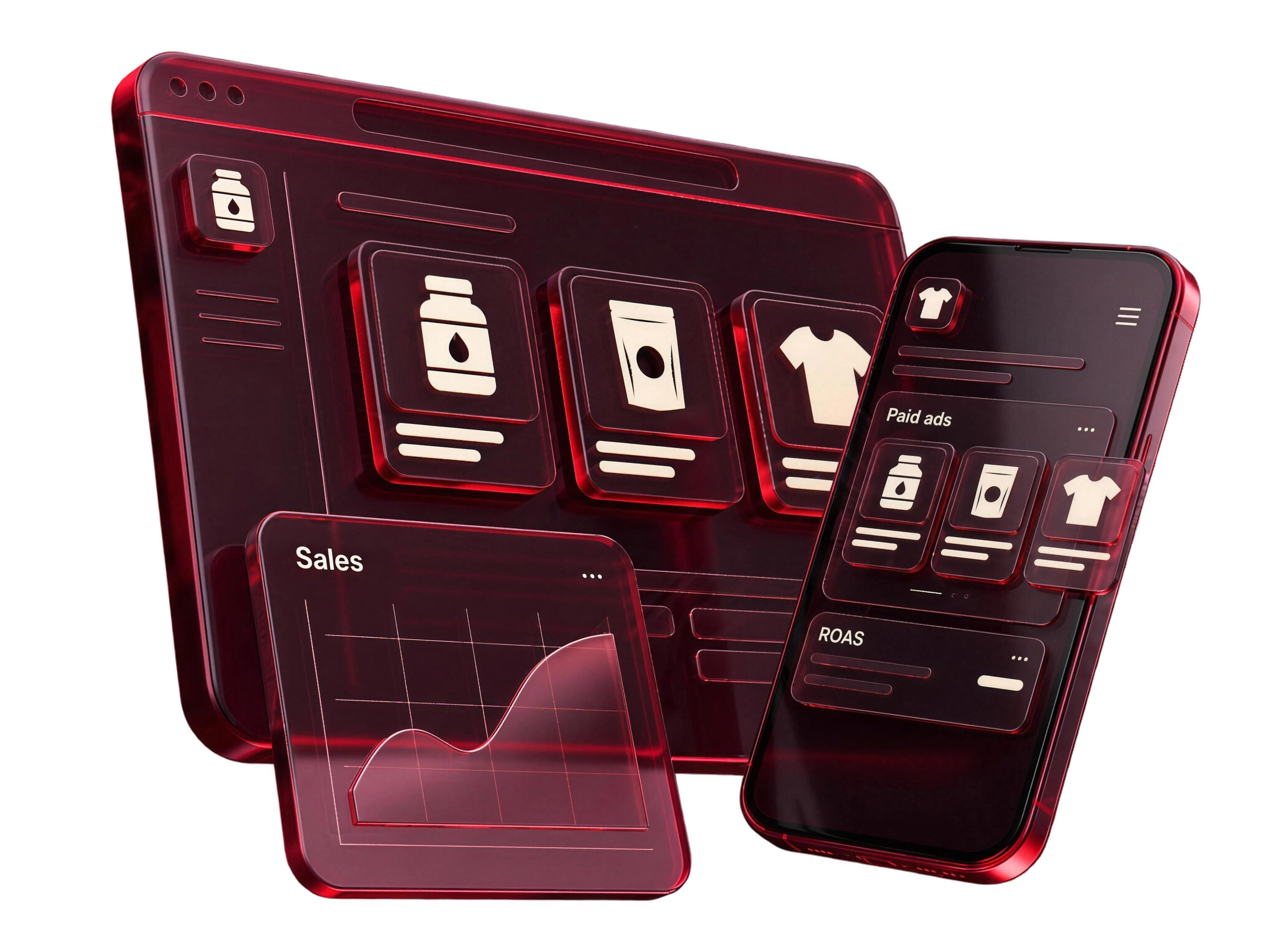 Crimson glass advertising, storefront and sales panels connect ads with purchases.