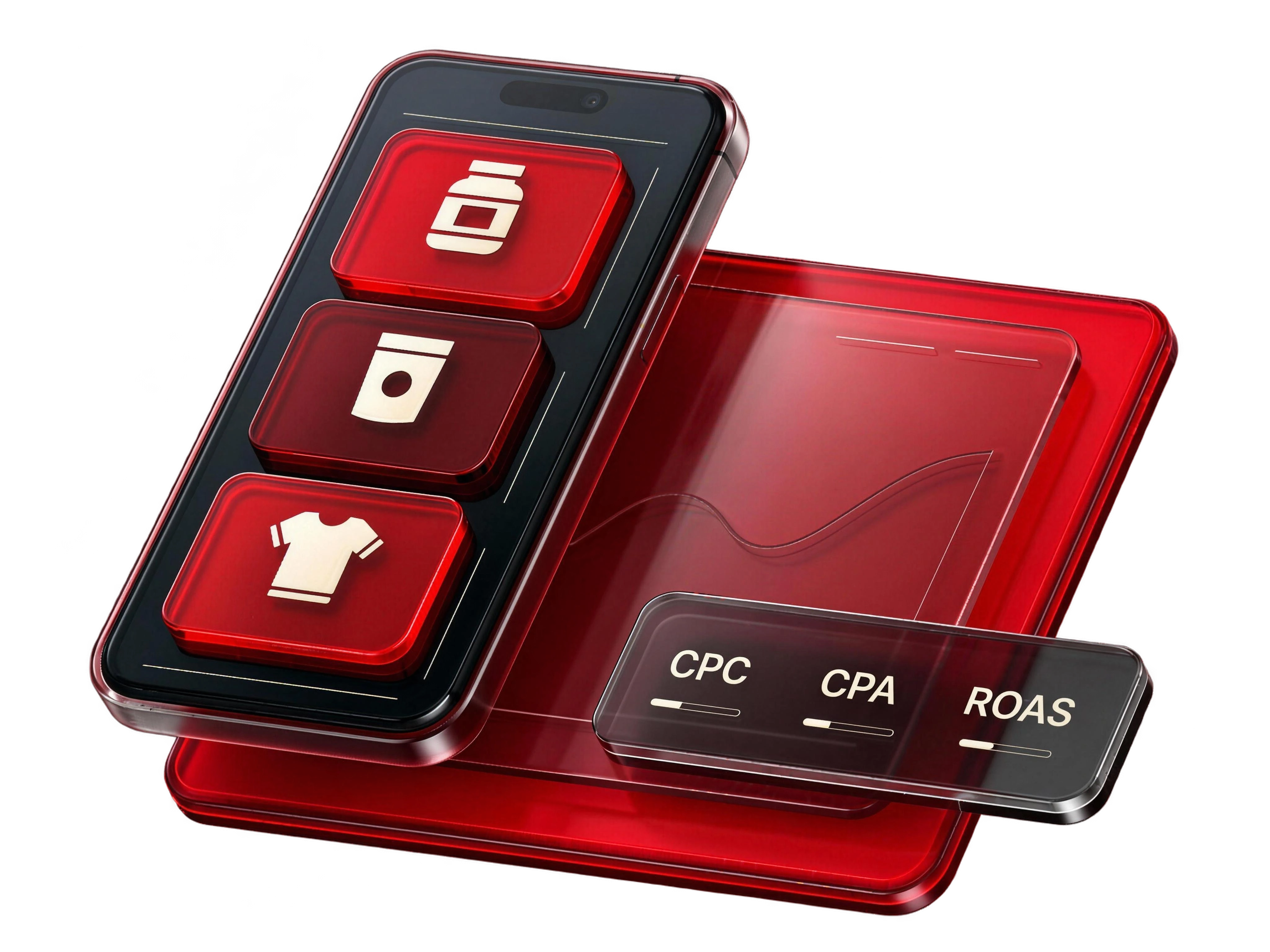 Product ads and a campaign dashboard connect CPC, CPA and ROAS.