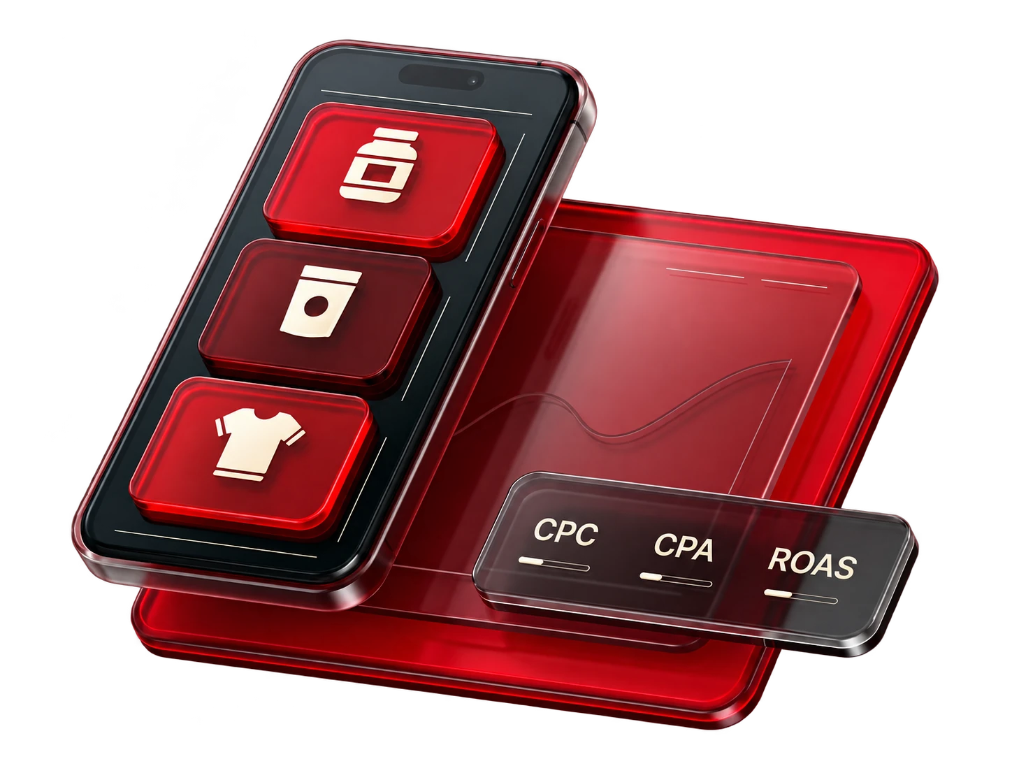 Product ads and a campaign dashboard connect CPC, CPA and ROAS.