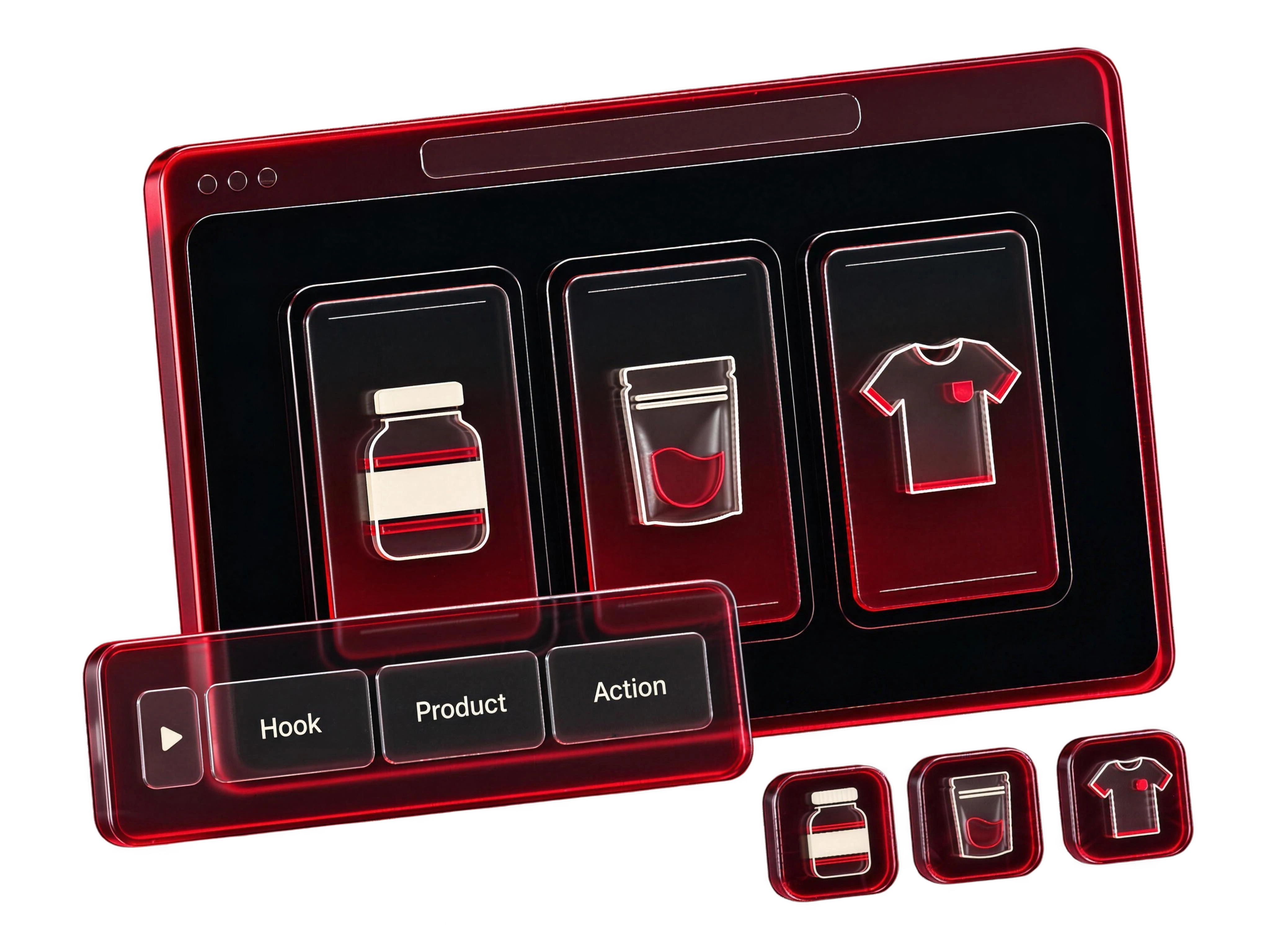 Three product ad frames connect with an editing sequence: hook, product and action.