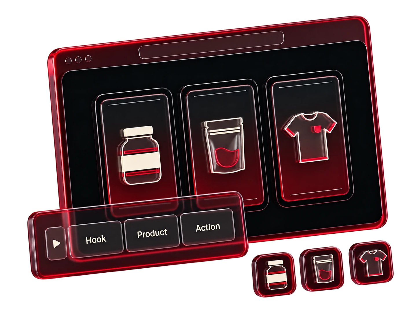 Three product ad frames connect with an editing sequence: hook, product and action.