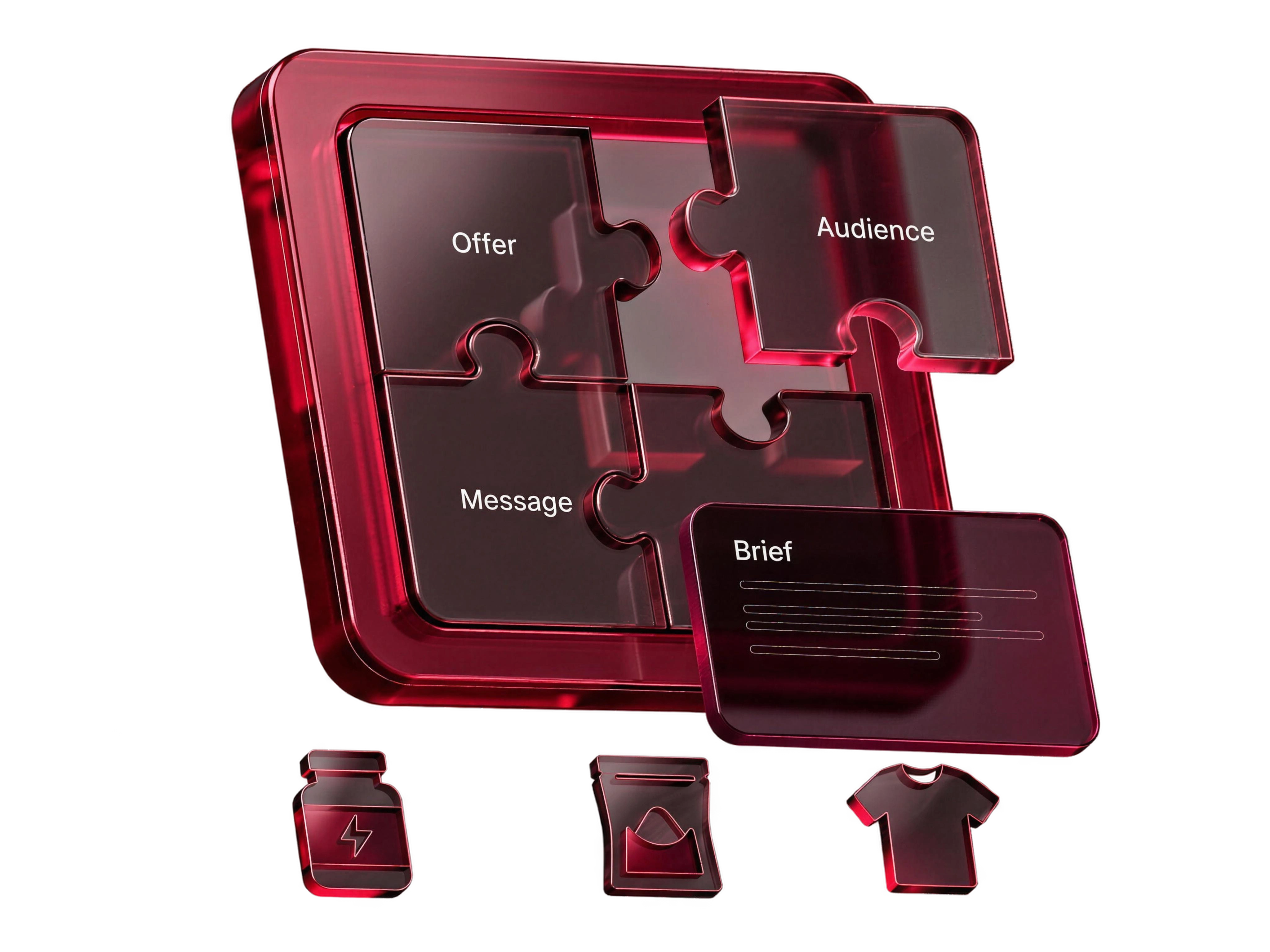 Audience, offer and message fit together as a crimson glass campaign puzzle.