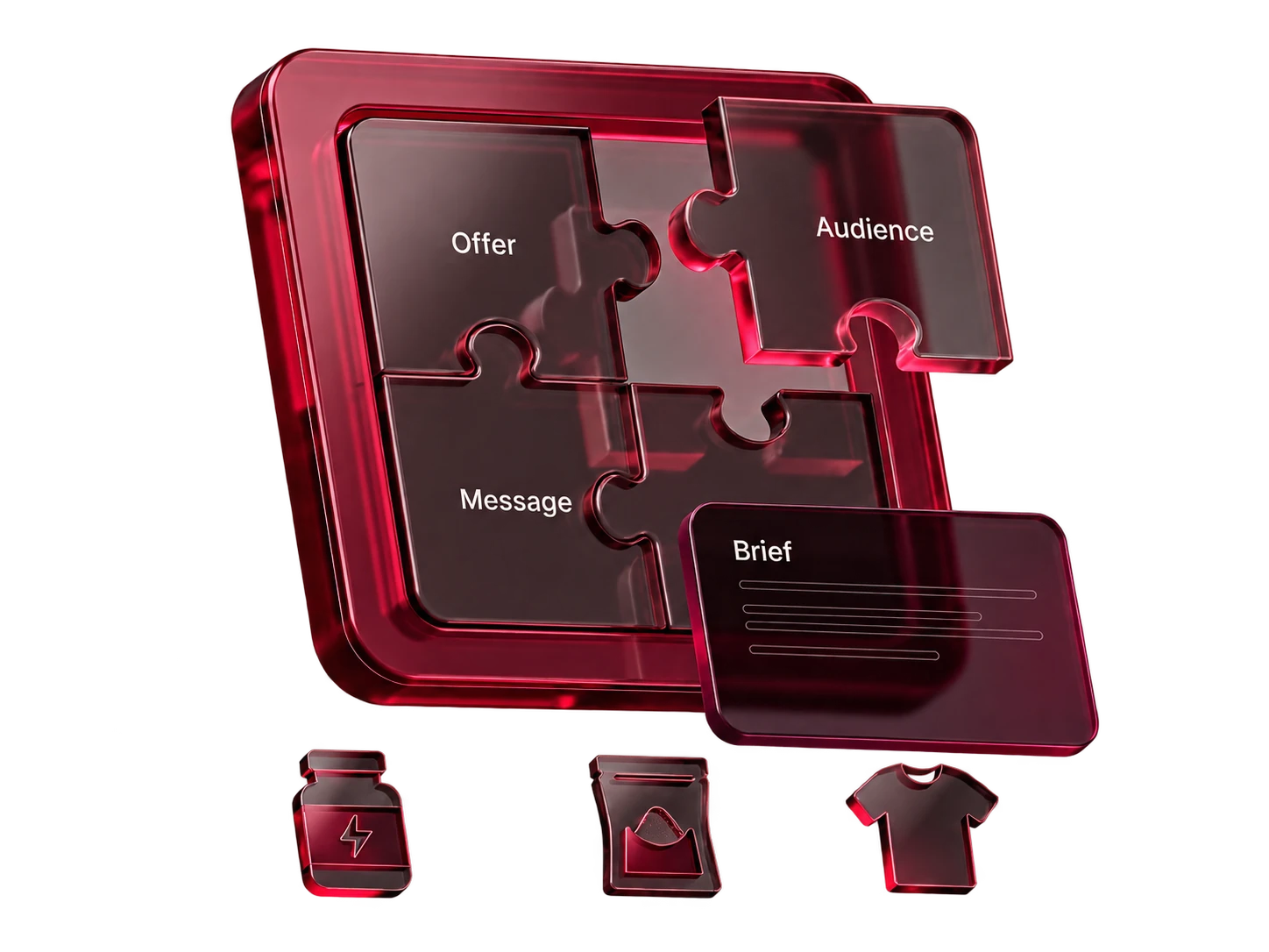 Audience, offer and message fit together as a crimson glass campaign puzzle.